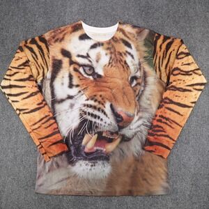 Tiger Face All Over Graphic Print Get A Life‎ Mens Long Sleeve T-Shirt Orange L